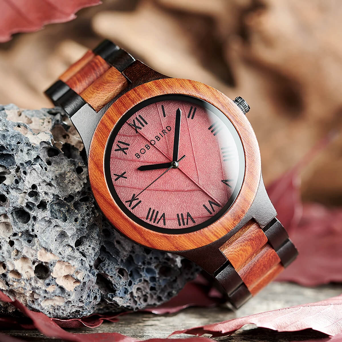 Bobo Bird Real Red Leaf Watch with Roman Numeral Display