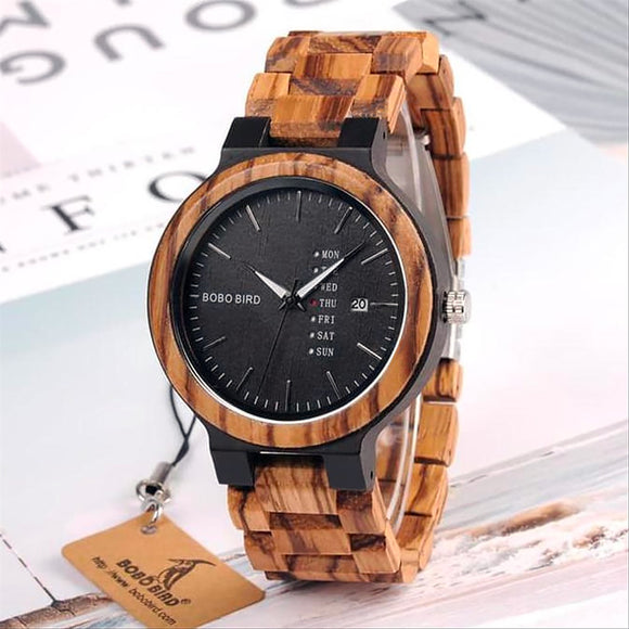 Bobo Bird Men's Zebra Wooden Watch with Black Bamboo Fascia